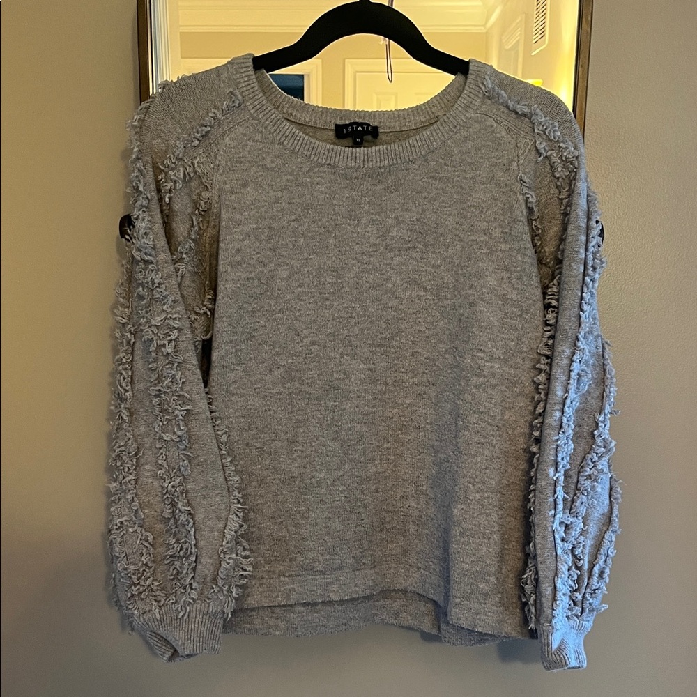 1. State Light Gray Crewneck Sweater with Fringe-Textured Sleeves